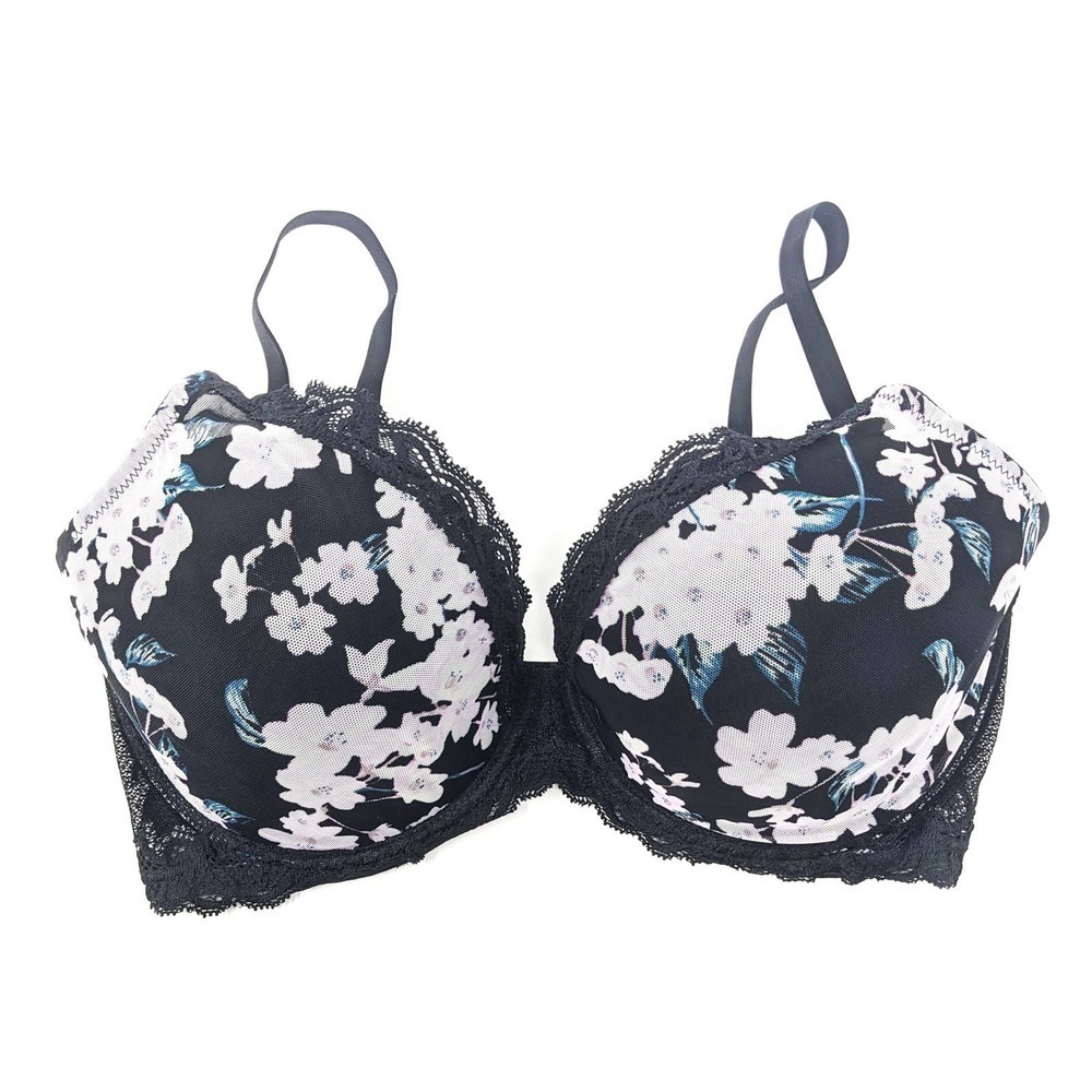 Natori Bra Womens 36DDD Feathers Plunge Floral Lace Black Lavender